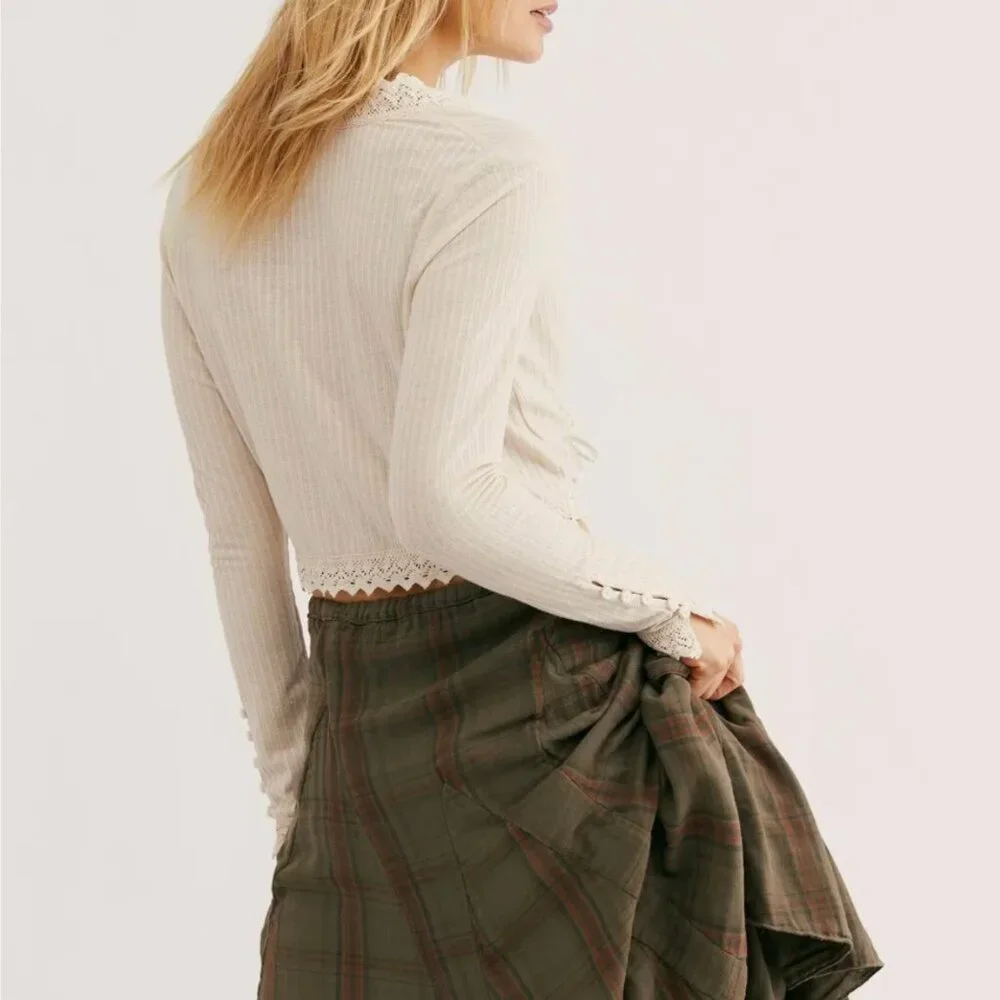 NWT, Free People Third Date Top, Crocheted Hem, Almond / Off-white Color, L